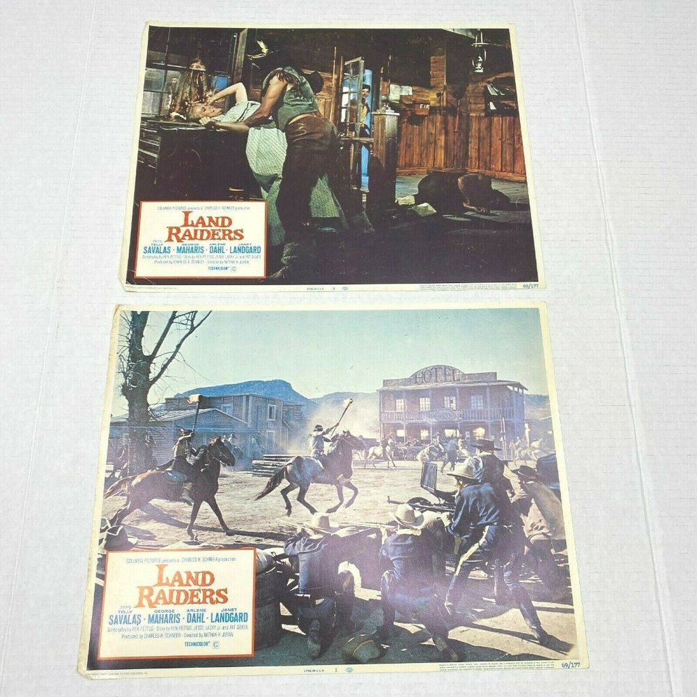Set of 2 Land Raiders 1969 Lobby Card Movie Poster Telly Savalas Western Vintage